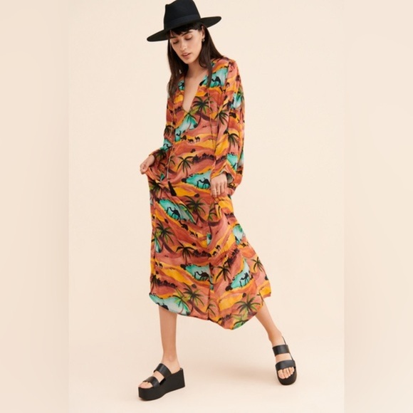 Chufy Anthropologie Made in India Orange Camel Desert Oasis Kaftan Maxi Dress - Picture 1 of 16